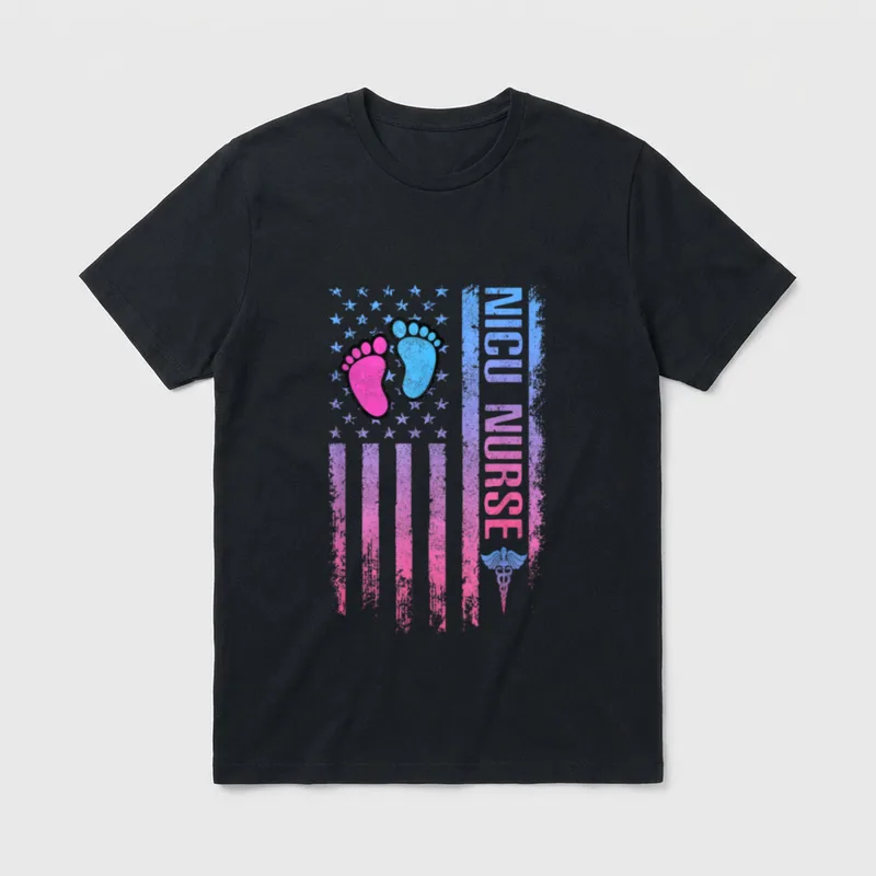 Patreotic NICU Nurse T-Shirt – NICU NURSE text alongside infant footprints and flag stripes – Classic T-Shirt in Black