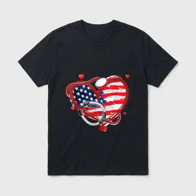 All American Nurse 4th of Patriotic T-Shirt – American flag heart with stethoscope and red hearts – Classic T-Shirt in Black