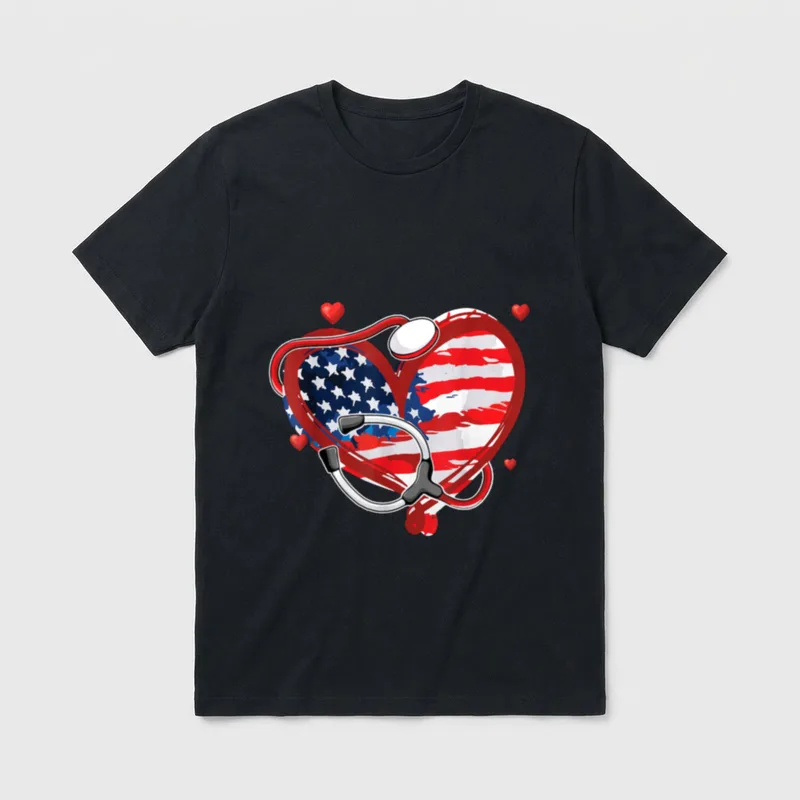 All American Nurse 4th of Patriotic T-Shirt – American flag heart with stethoscope and red hearts – Classic T-Shirt in Black