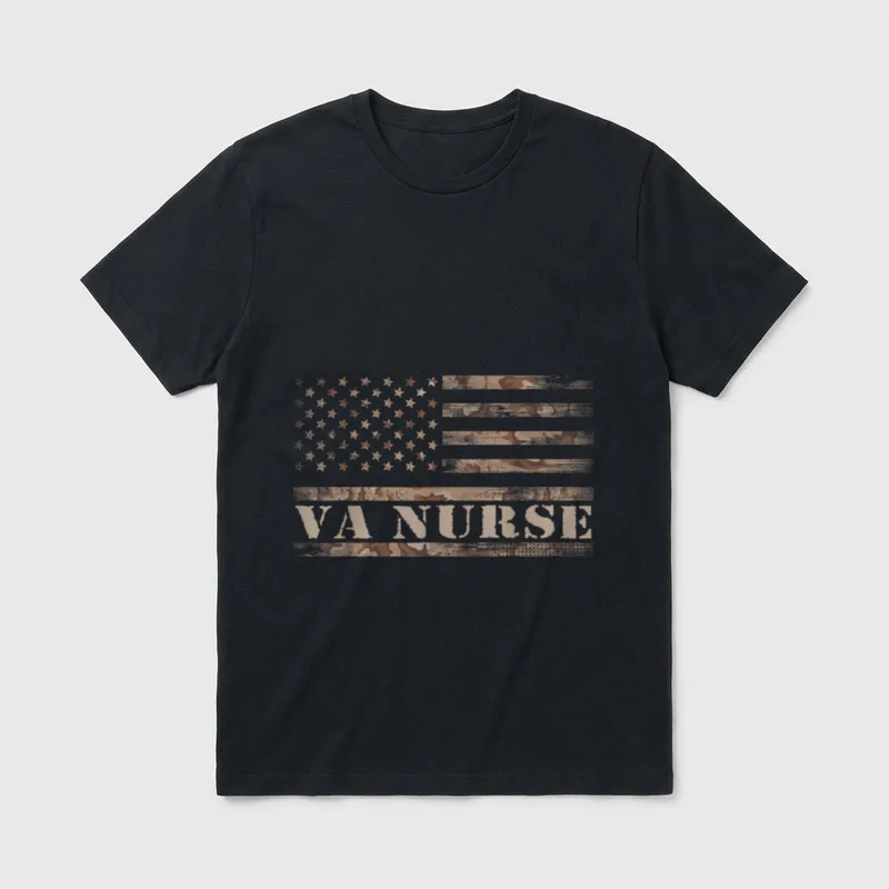 VA Nurse Real American Hero 4th T-Shirt – Camouflage American flag with printed words VA NURSE – Classic T-Shirt in Black