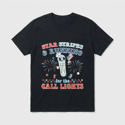 Lights 4th of July Nurse T-Shirt – Cartoon call button running with an American flag and fireworks – Classic T-Shirt in Black