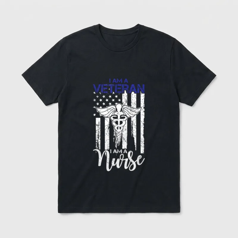 I Am a Veteran Nurse Vintage T-Shirt – American flag, caduceus symbol, and veteran nurse lettering – Classic T-Shirt in Black
