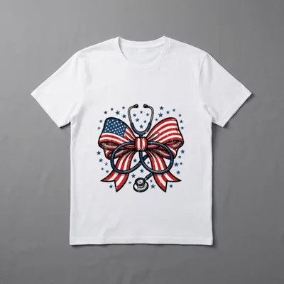 4th of July Nurse US Flag T-Shirt – American flag ribbon bow with stethoscope and stars – Classic T-Shirt in Black