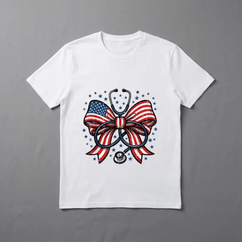 4th of July Nurse US Flag T-Shirt – American flag ribbon bow with stethoscope and stars – Classic T-Shirt in Black