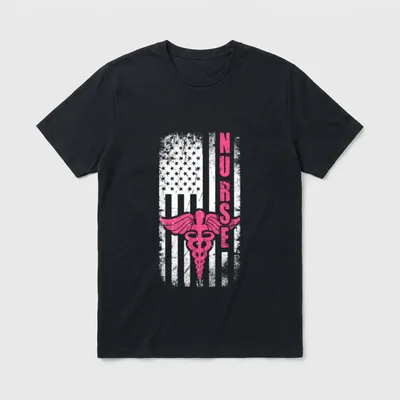 American Nurse T-Shirt – Distressed flag with pink caduceus and vertical text reading NURSE – Classic T-Shirt in Black