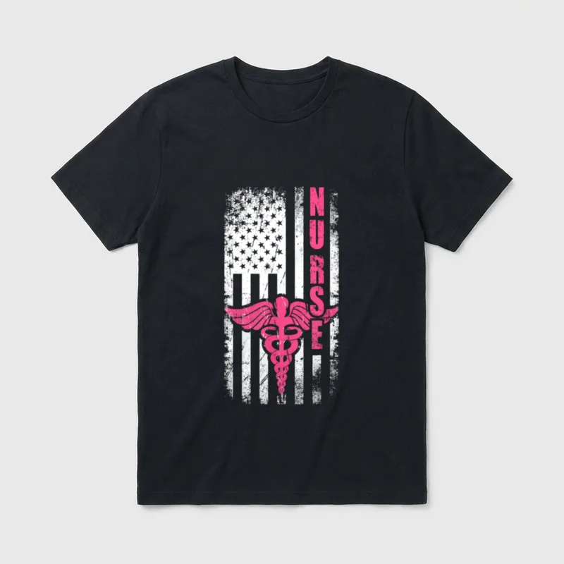 American Nurse T-Shirt – Distressed flag with pink caduceus and vertical text reading NURSE – Classic T-Shirt in Black