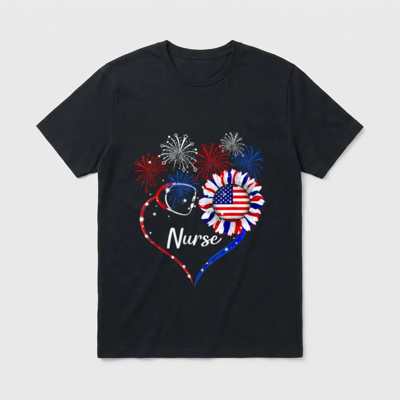 Patriotic Nurse 4th of July Sunflower T-Shirt – Classic T-Shirt in Black