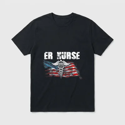 American Flag ER Nurse Cool T-Shirt – Distressed ER NURSE text over a waving flag and caduceus – Classic T-Shirt in Black
