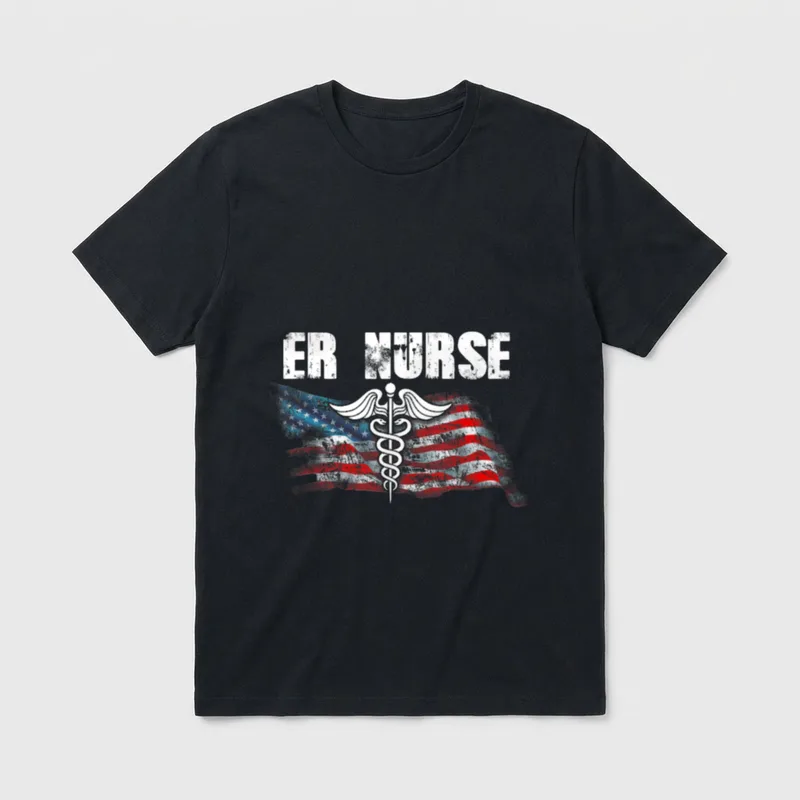 American Flag ER Nurse Cool T-Shirt – Distressed ER NURSE text over a waving flag and caduceus – Classic T-Shirt in Black