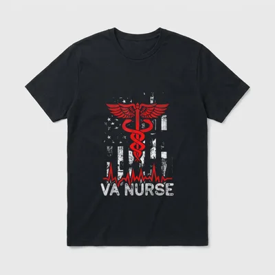 Nursing Patriot USA Nurse American Flag T-Shirt – VA NURSE lettering with caduceus symbol and flag – Classic T-Shirt in Black