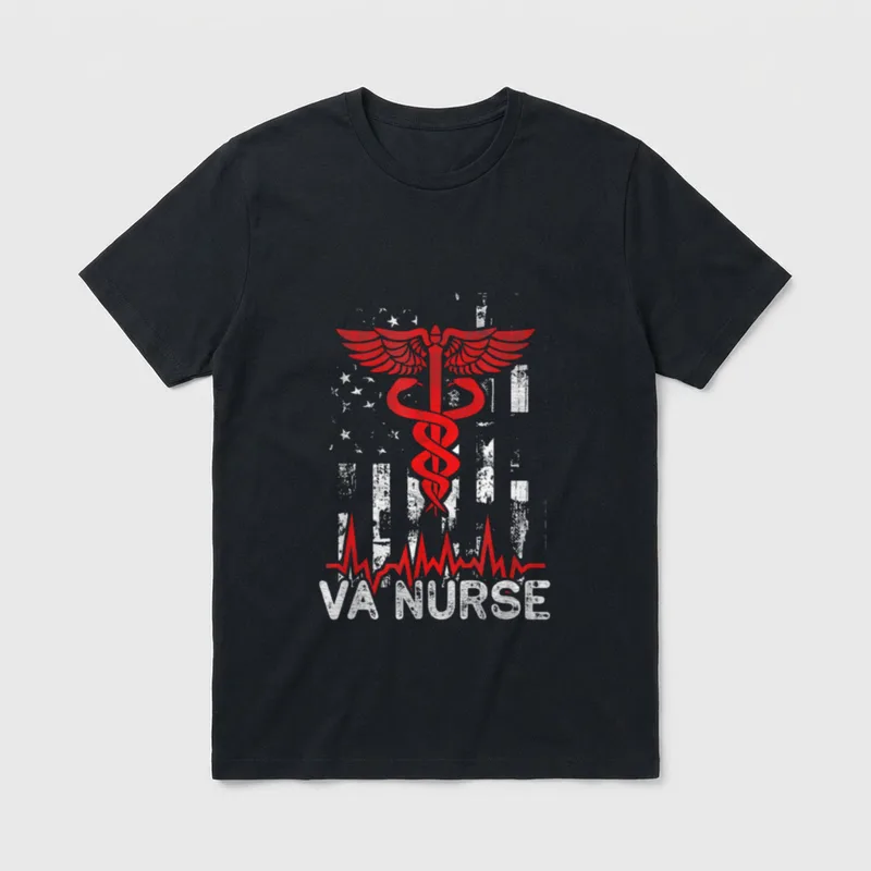 Nursing Patriot USA Nurse American Flag T-Shirt – VA NURSE lettering with caduceus symbol and flag – Classic T-Shirt in Black