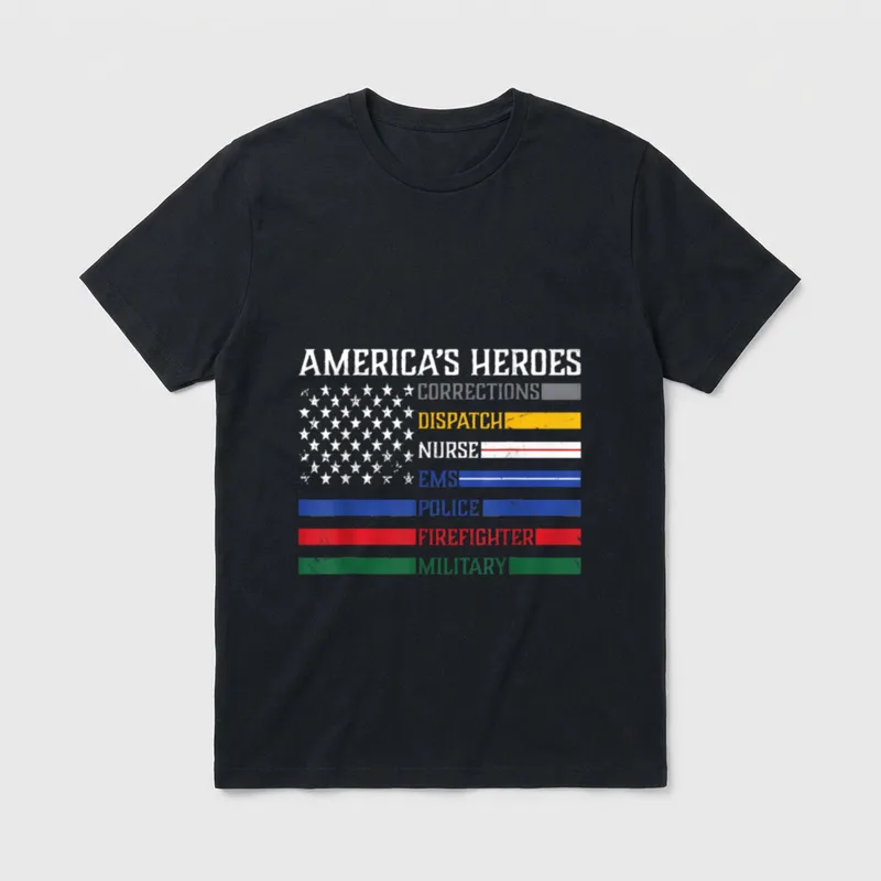 Firefighter Nurse T-Shirt – America’s Heroes flag with responder service stripes – Classic T-Shirt in Black