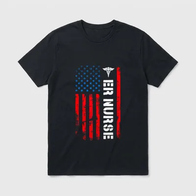 Patriotic ER Nurse T-Shirt – Distressed American flag with caduceus symbol and ER NURSE print – Classic T-Shirt in Black