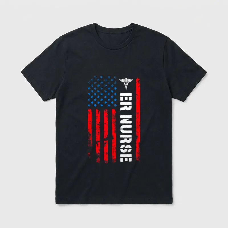 Patriotic ER Nurse T-Shirt – Distressed American flag with caduceus symbol and ER NURSE print – Classic T-Shirt in Black