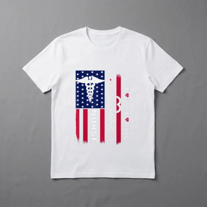 Nurse Stethoscope Heartbeat American Flag Weeks T-Shirt – Classic T-Shirt in Black