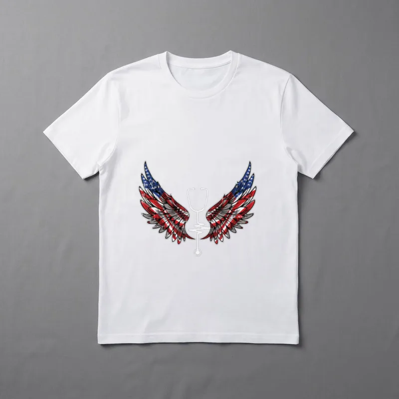 Nurse American Flag 4th of Wings T-Shirt – American flag wings with a stethoscope and pulse line – Classic T-Shirt in Black