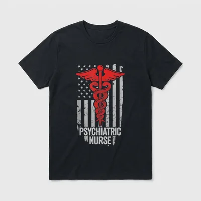 Psychiatric Nurse T-Shirt – Distressed flag with red caduceus and psychiatric nurse text – Classic T-Shirt in Black