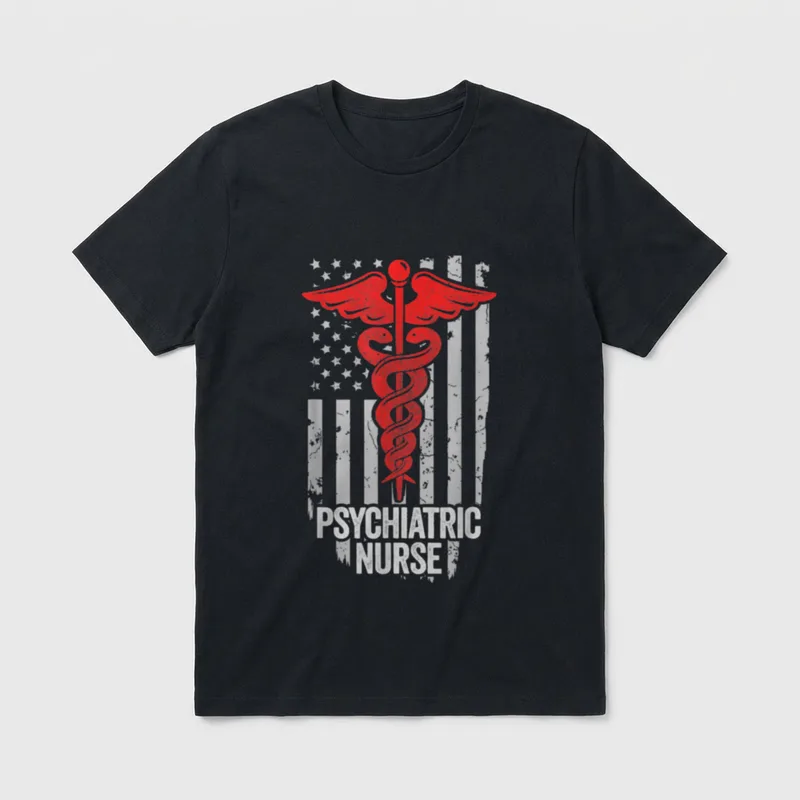 Psychiatric Nurse T-Shirt – Distressed flag with red caduceus and psychiatric nurse text – Classic T-Shirt in Black