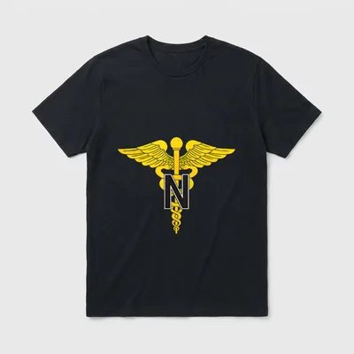 US Army Nurse Corps Military T-Shirt – Gold caduceus with wings and black letter N – Classic T-Shirt in Black