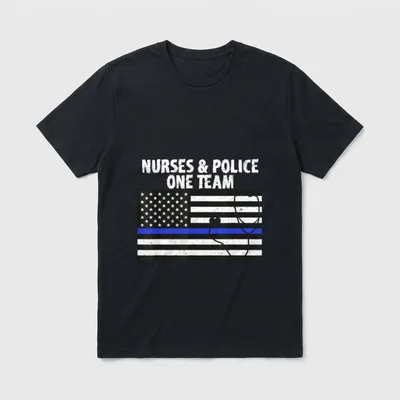 Thin Blue Line Nurse T-Shirt – Distressed flag with blue stripe and heart-shaped stethoscope – Classic T-Shirt in Black