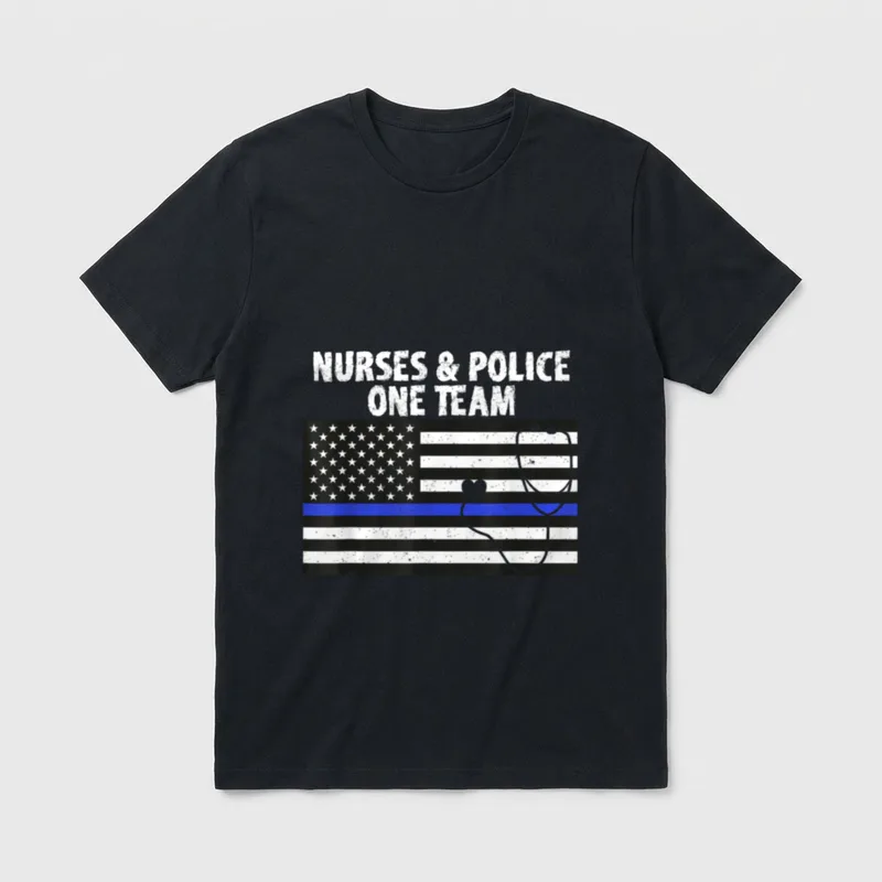 Thin Blue Line Nurse T-Shirt – Distressed flag with blue stripe and heart-shaped stethoscope – Classic T-Shirt in Black