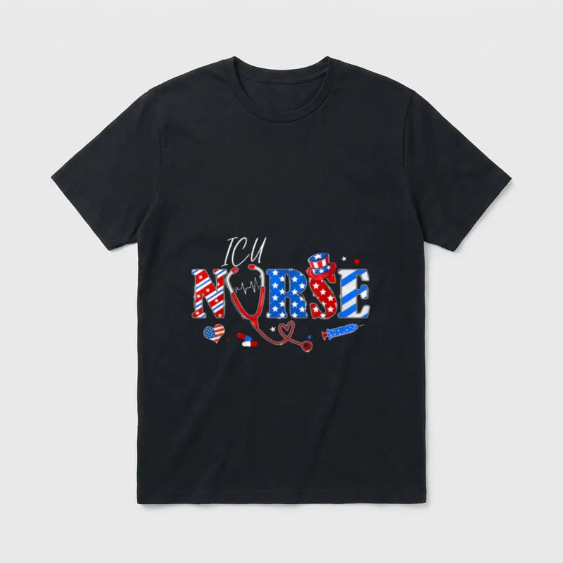 Stethoscope ICU Nurse American Flag T-Shirt – Classic T-Shirt in Black