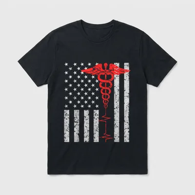 Nurse Clinical T-Shirt – Distressed American flag graphic with red caduceus and pulse line – Classic T-Shirt in Black