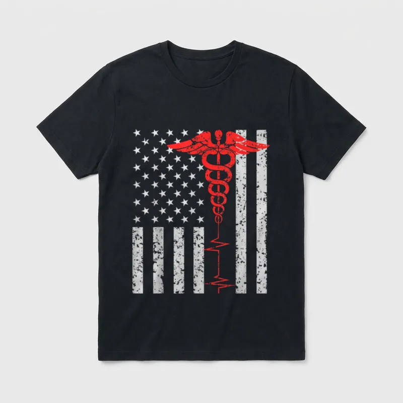 Nurse Clinical T-Shirt – Distressed American flag graphic with red caduceus and pulse line – Classic T-Shirt in Black