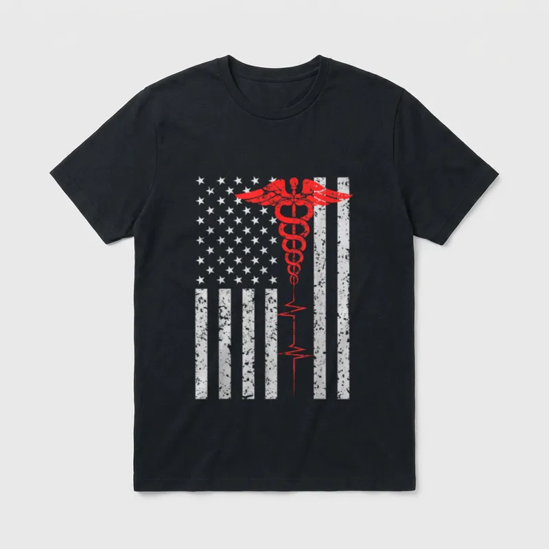 Nurse Practitioners T-Shirt – Distressed American flag with red caduceus and heartbeat pulse line – Classic T-Shirt in Black