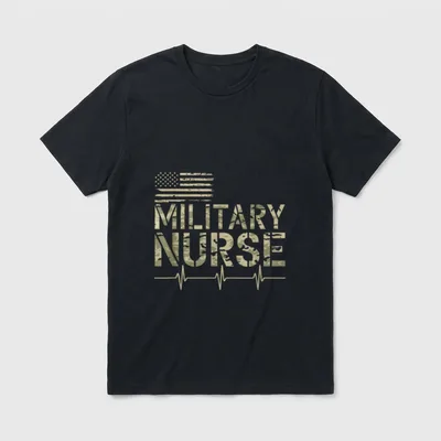 Military Nurse T-Shirt – “MILITARY NURSE” with American flag and heartbeat line – Classic T-Shirt in Black