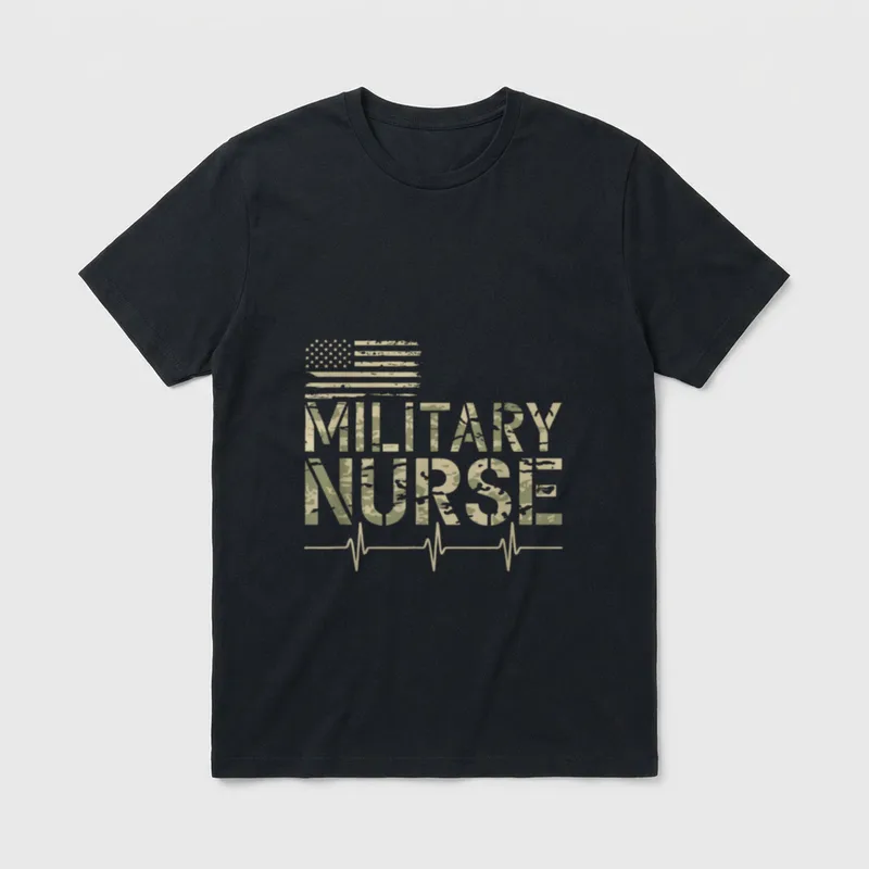 Military Nurse T-Shirt – “MILITARY NURSE” with American flag and heartbeat line – Classic T-Shirt in Black