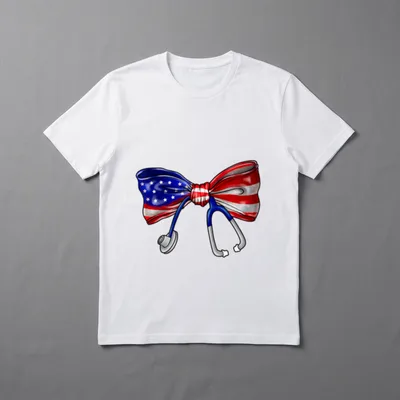 Bow 4th of July RN Nursing T-Shirt – American flag coquette ribbon bow with stethoscope – Classic T-Shirt in Black