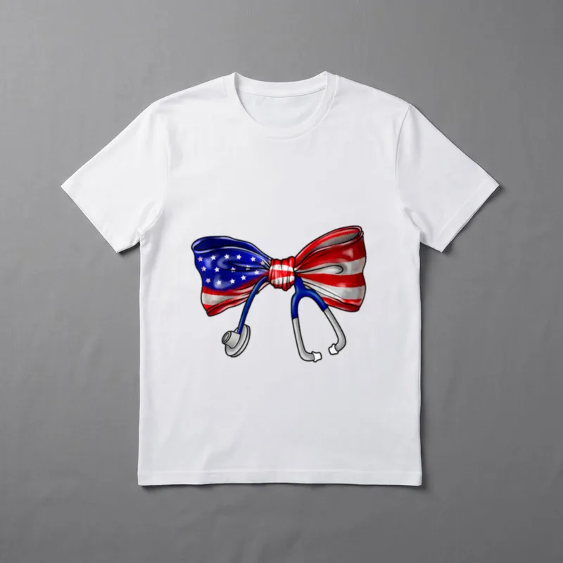Bow 4th of July RN Nursing T-Shirt – American flag coquette ribbon bow with stethoscope – Classic T-Shirt in Black
