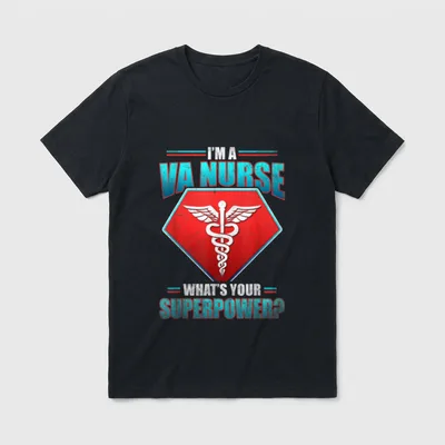I'm a VA Nurse What's T-Shirt – Winged caduceus emblem on red shield with superpower lettering – Classic T-Shirt in Black