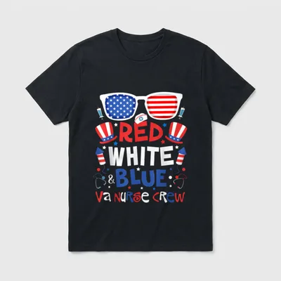 July Red White Blue VA Nurse T-Shirt – American flag sunglasses, nurse cap, stethoscopes, and hats – Classic T-Shirt in Black