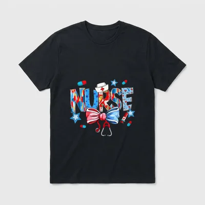 American Nurse 4th of July T-Shirt – NURSE in patriotic letters with stethoscope, cap, and bow – Classic T-Shirt in Black