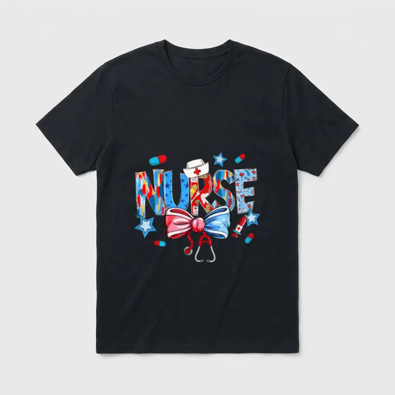 American Nurse 4th of July T-Shirt – NURSE in patriotic letters with stethoscope, cap, and bow – Classic T-Shirt in Black