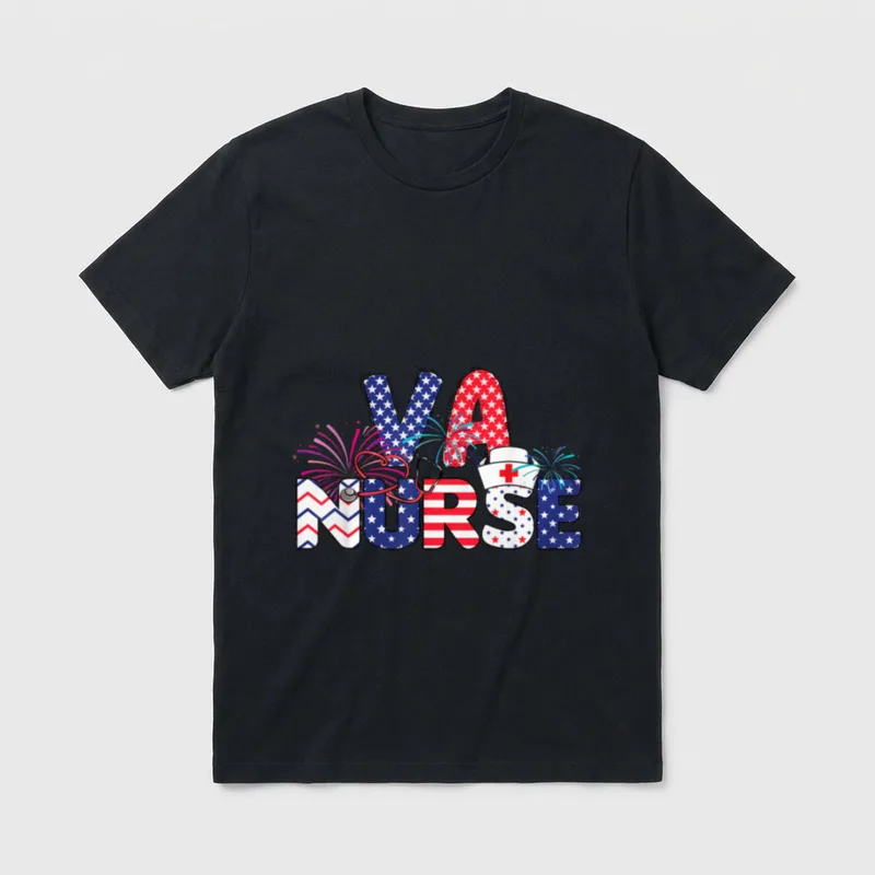 VA Nurse 4th of July American T-Shirt – VA NURSE letters in stars and stripes with stethoscope – Classic T-Shirt in Black