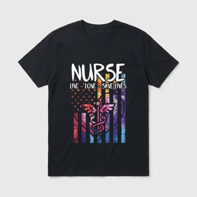 Nurse Live Love Save Lives T-Shirt – Caduceus emblem over colorful American flag stripes and stars – Classic T-Shirt in Black