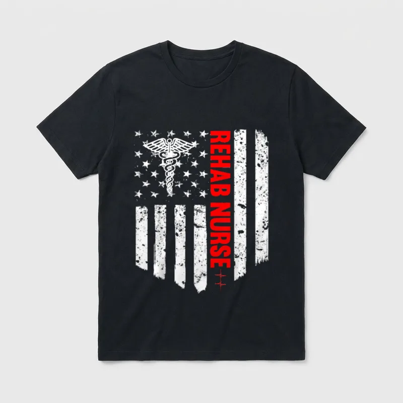 Rehab Nurse American Flag Patriotic RN T-Shirt – Classic T-Shirt in Black