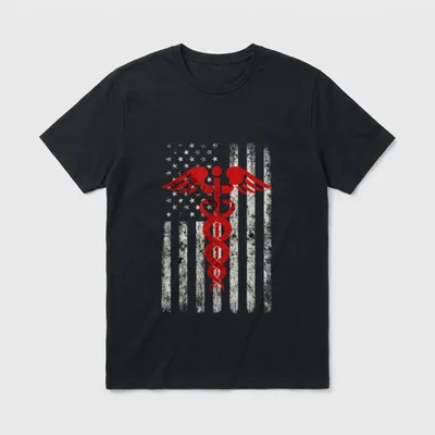 American Flag Nurse Great T-Shirt – Distressed American flag background with a red caduceus emblem – Classic T-Shirt in Black