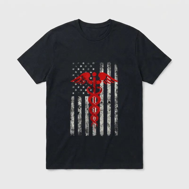 American Flag Nurse Great T-Shirt – Distressed American flag background with a red caduceus emblem – Classic T-Shirt in Black