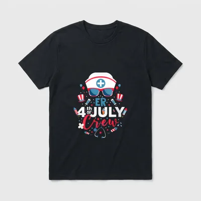 ER 4th of July Nurse Crew T-Shirt – ER 4th OF JULY Crew text with nurse cap, sunglasses, fireworks – Classic T-Shirt in Black