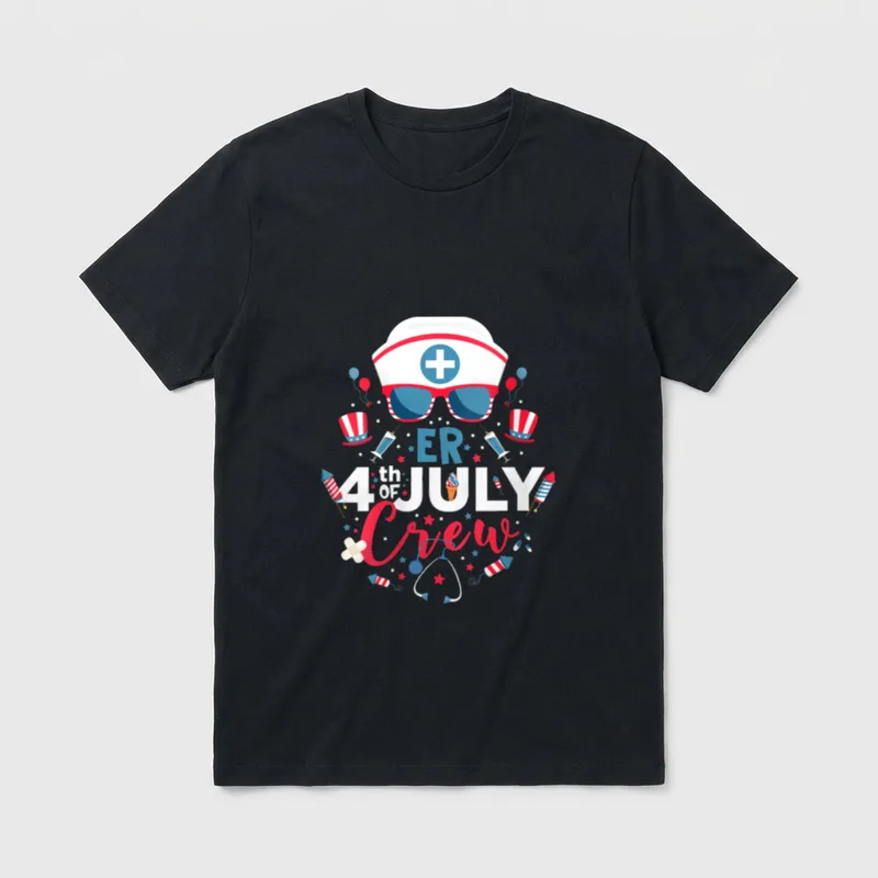 ER 4th of July Nurse Crew T-Shirt – ER 4th OF JULY Crew text with nurse cap, sunglasses, fireworks – Classic T-Shirt in Black