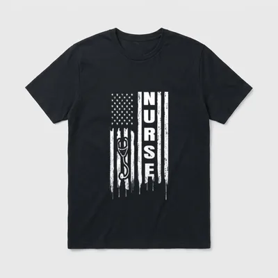 NURSE Funny American Flag T-Shirt – American flag stripes with stethoscope and printed word NURSE – Classic T-Shirt in Black