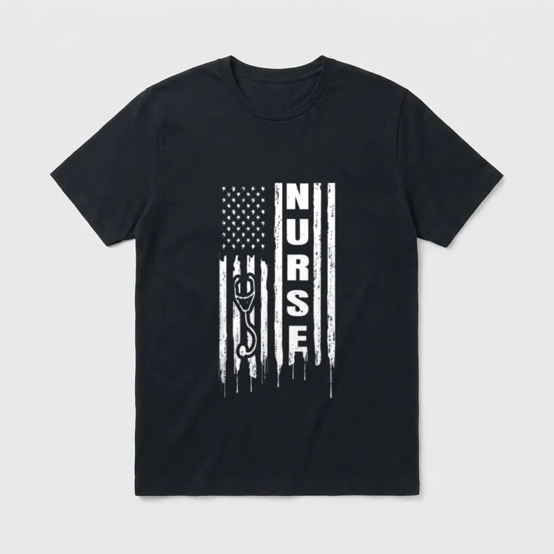 NURSE Funny American Flag T-Shirt – American flag stripes with stethoscope and printed word NURSE – Classic T-Shirt in Black