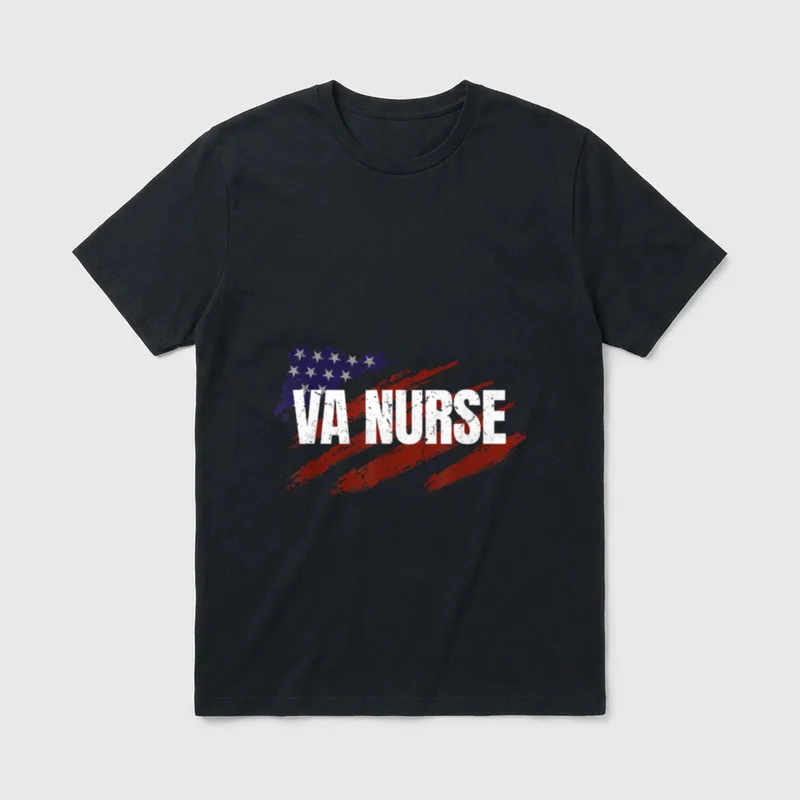 American Flag VA Nurse Patriotic Week T-Shirt – VA NURSE text across a distressed American flag – Classic T-Shirt in Black