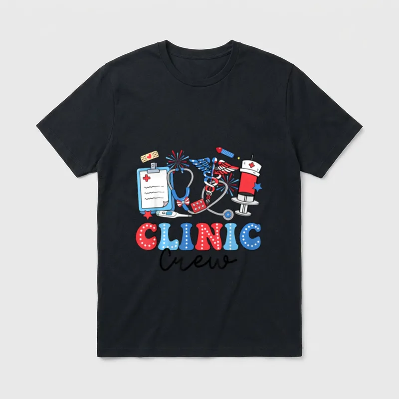 Clinic Crew American Flag Fireworks Nurse T-Shirt – Classic T-Shirt in Black
