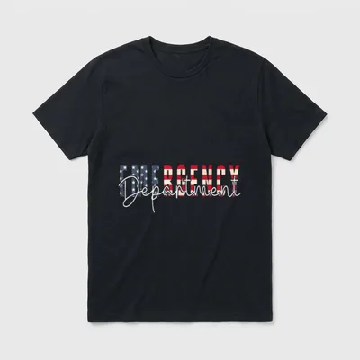 4th of July Flag Room Nurse T-Shirt – “EMERGENCY” in flag pattern with white script “Department” – Classic T-Shirt in Black