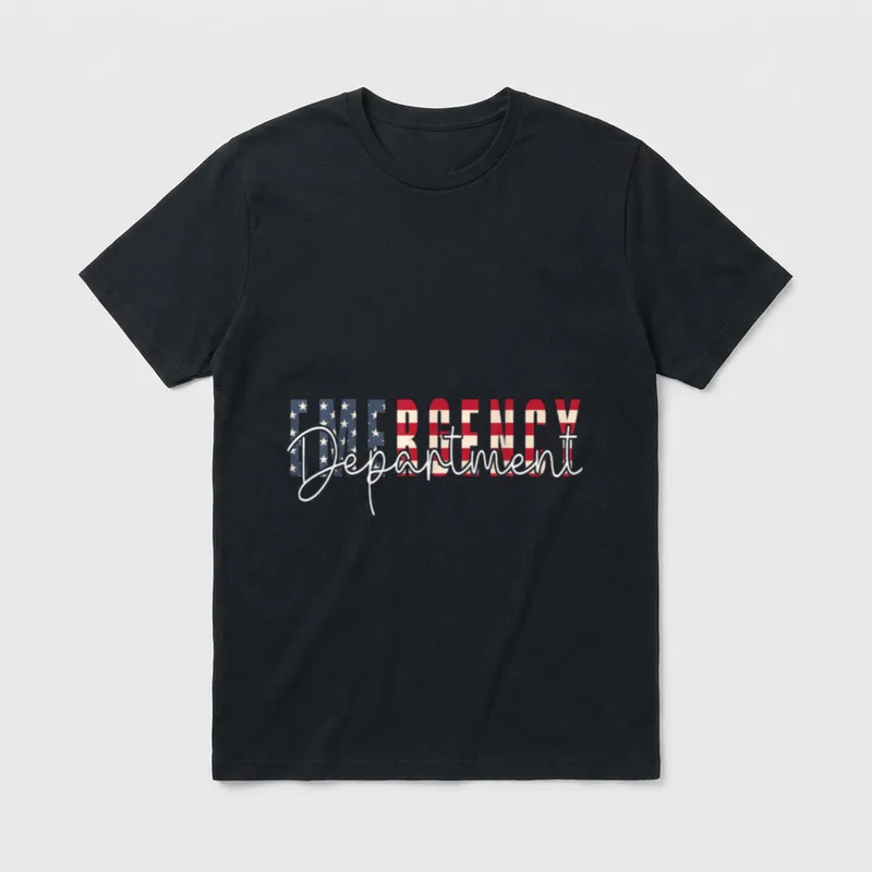 4th of July Flag Room Nurse T-Shirt – “EMERGENCY” in flag pattern with white script “Department” – Classic T-Shirt in Black
